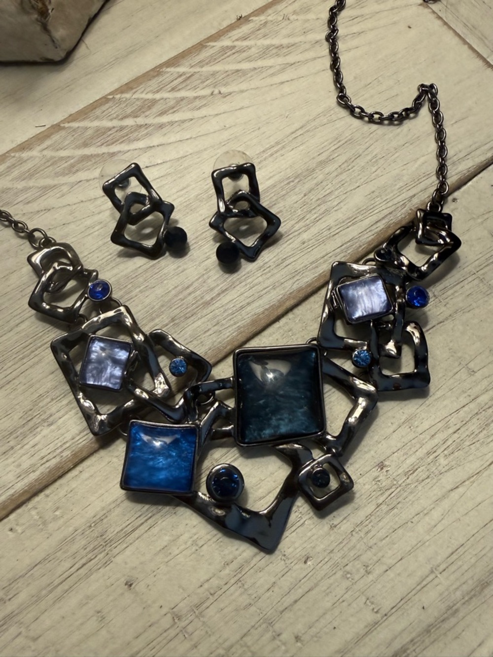 Blue Geometric Statement Necklace and Earring Set - new without tags